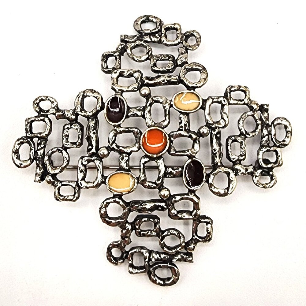 FLORENZA SIGNED COSTUME SILVER TONE MCM ENAMEL ABSTRACT ART BROOCH Vintage 1960s